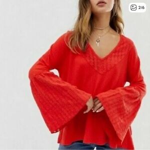 #523 NWT Free People Vibrant Red Flared Sleeve Blouse